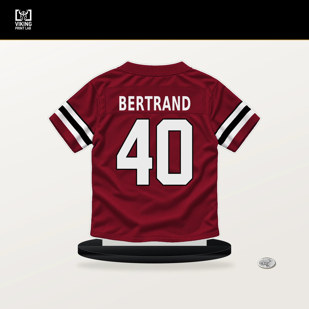 JD Bertrand number 40 Atlanta Falcons jersey stand with included black base.
