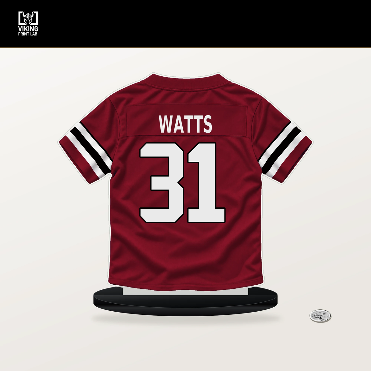 Xavier Watts number 31 Atlanta Falcons jersey stand with included black base.