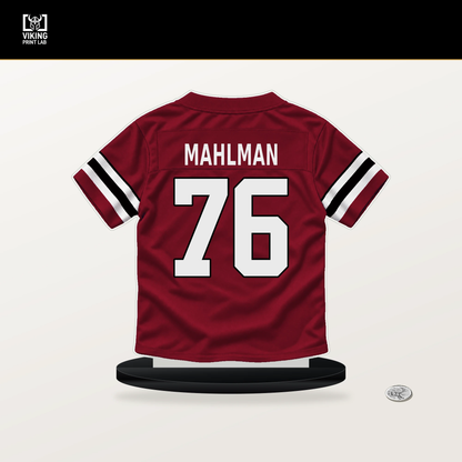 Riley Mahlman number 76 Atlanta Falcons jersey stand with included black base.