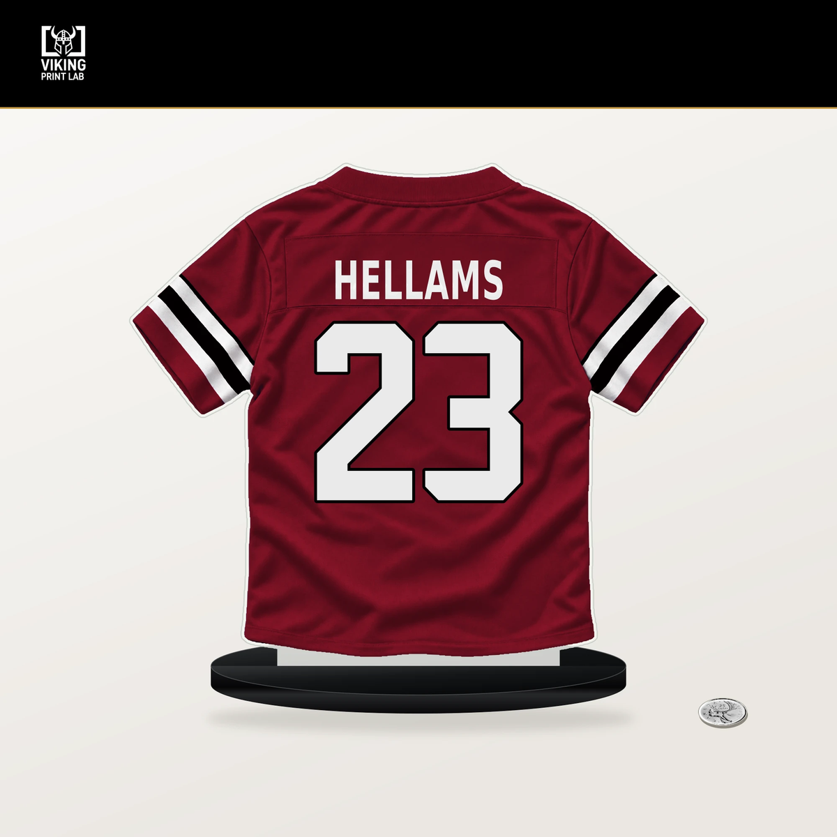 DeMarcco Hellams number 23 Atlanta Falcons jersey stand with included black base.