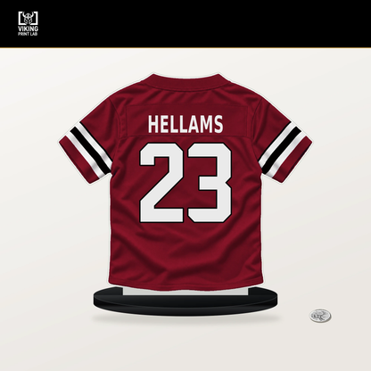 DeMarcco Hellams number 23 Atlanta Falcons jersey stand with included black base.