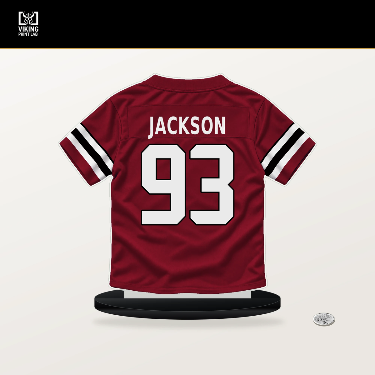 Drake Jackson number 93 Atlanta Falcons jersey stand with included black base.