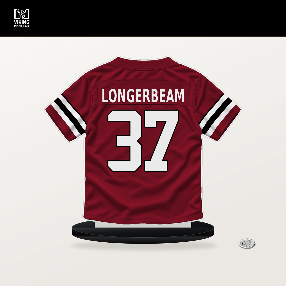 Robert Longerbeam number 37 Atlanta Falcons jersey stand with included black base.