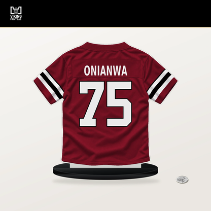 Ethan Onianwa number 75 Atlanta Falcons jersey stand with included black base.