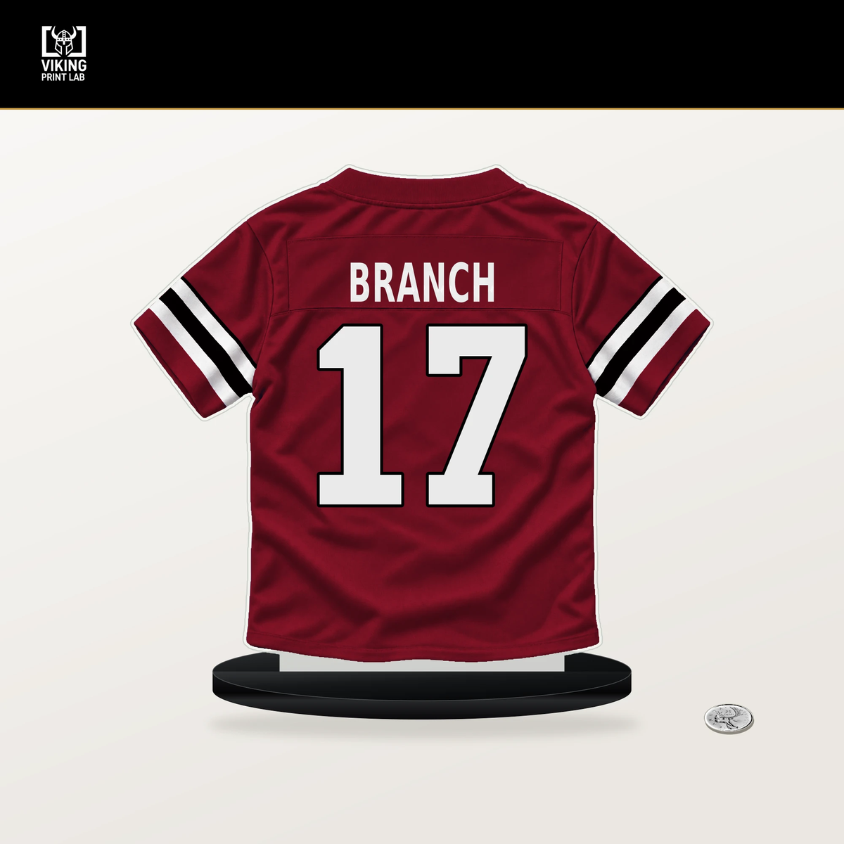 Zachariah Branch number 17 Atlanta Falcons jersey stand with included black base.