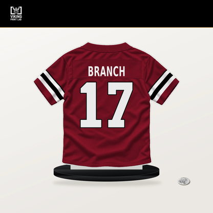 Zachariah Branch number 17 Atlanta Falcons jersey stand with included black base.