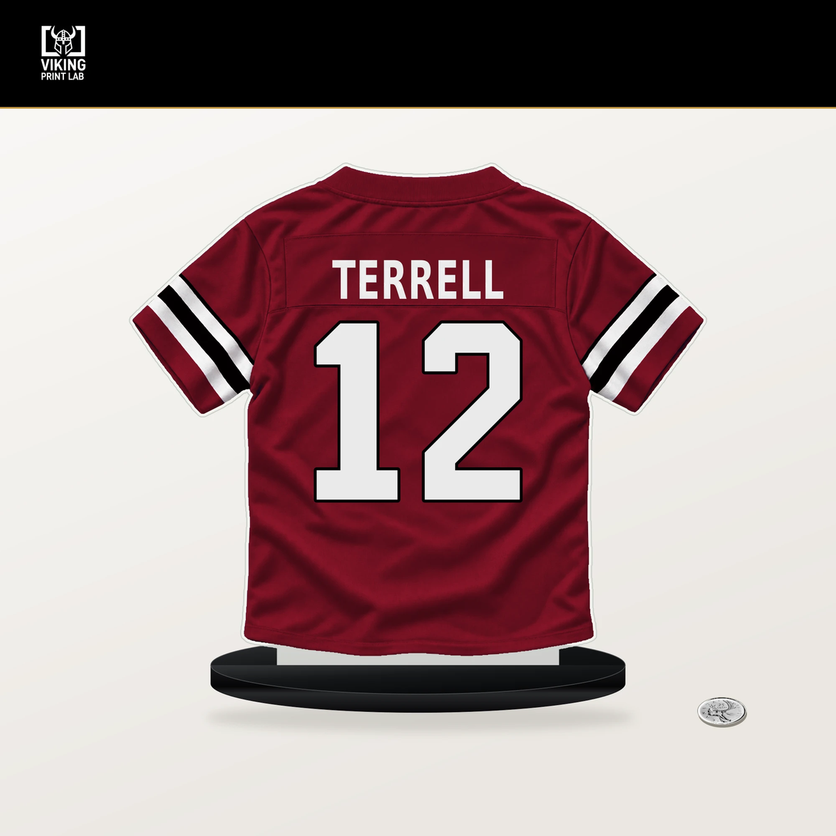 Avieon Terrell number 12 Atlanta Falcons jersey stand with included black base.