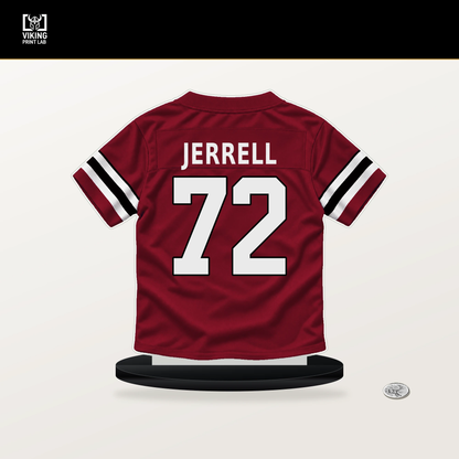 Michael Jerrell number 72 Atlanta Falcons jersey stand with included black base.