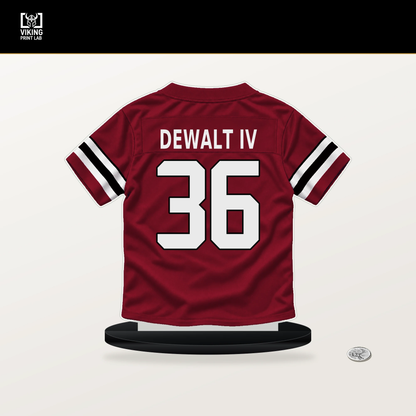 Malcolm DeWalt IV number 36 Atlanta Falcons jersey stand with included black base.