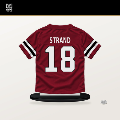 Jack Strand number 18 Atlanta Falcons jersey stand with included black base.
