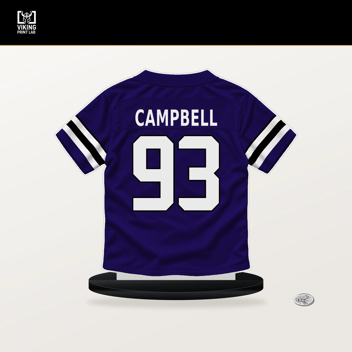 Calais Campbell number 93 Baltimore Ravens jersey stand with included black base.