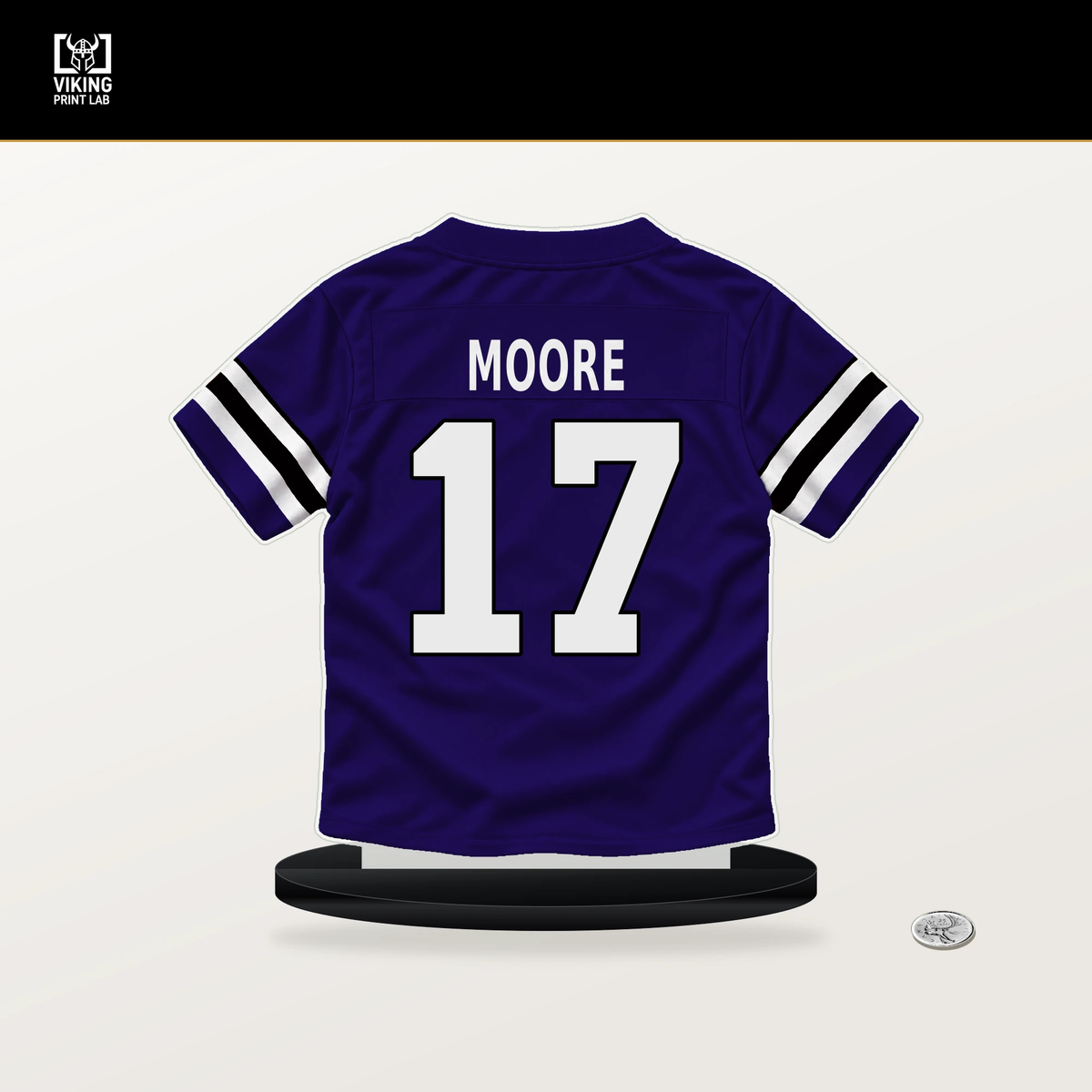 Chris Moore number 17 Baltimore Ravens jersey stand with included black base.