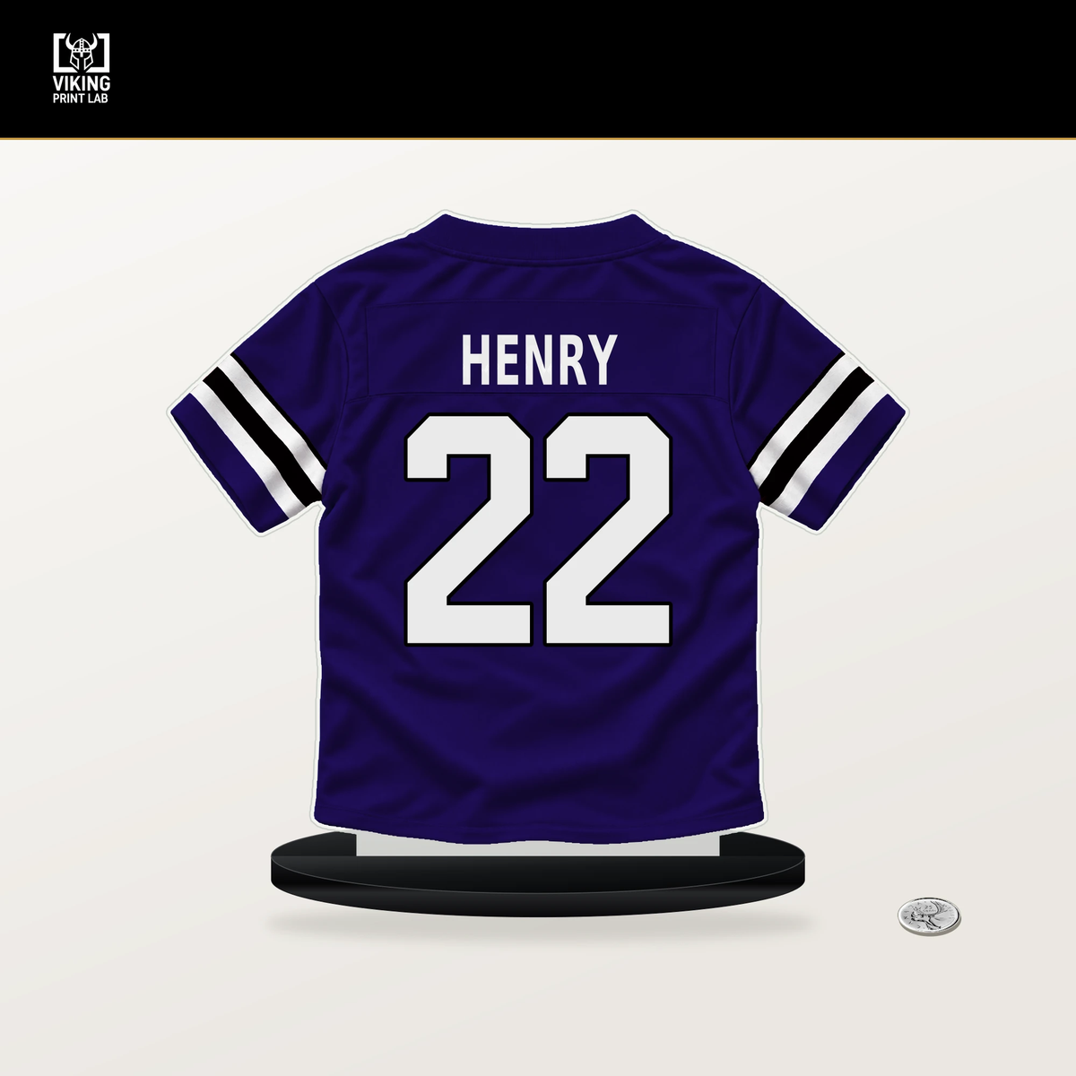 Derrick Henry number 22 Baltimore Ravens jersey stand with included black base.