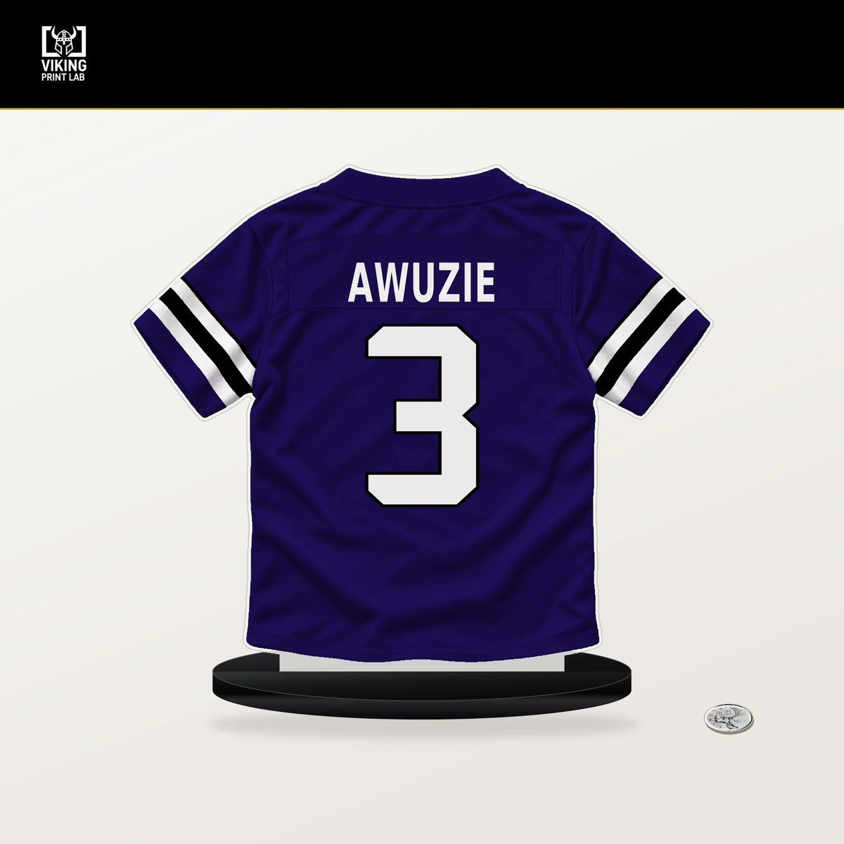 Chidobe Awuzie number 3 Baltimore Ravens jersey stand with included black base.