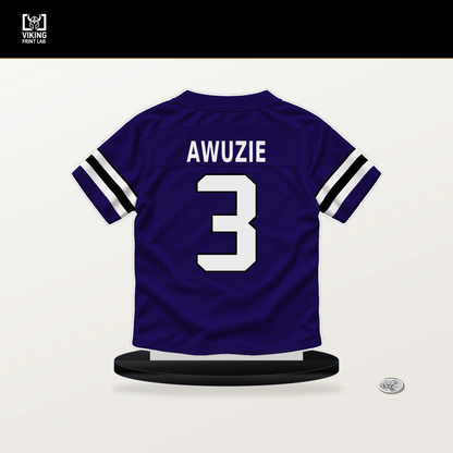 Chidobe Awuzie number 3 Baltimore Ravens jersey stand with included black base.