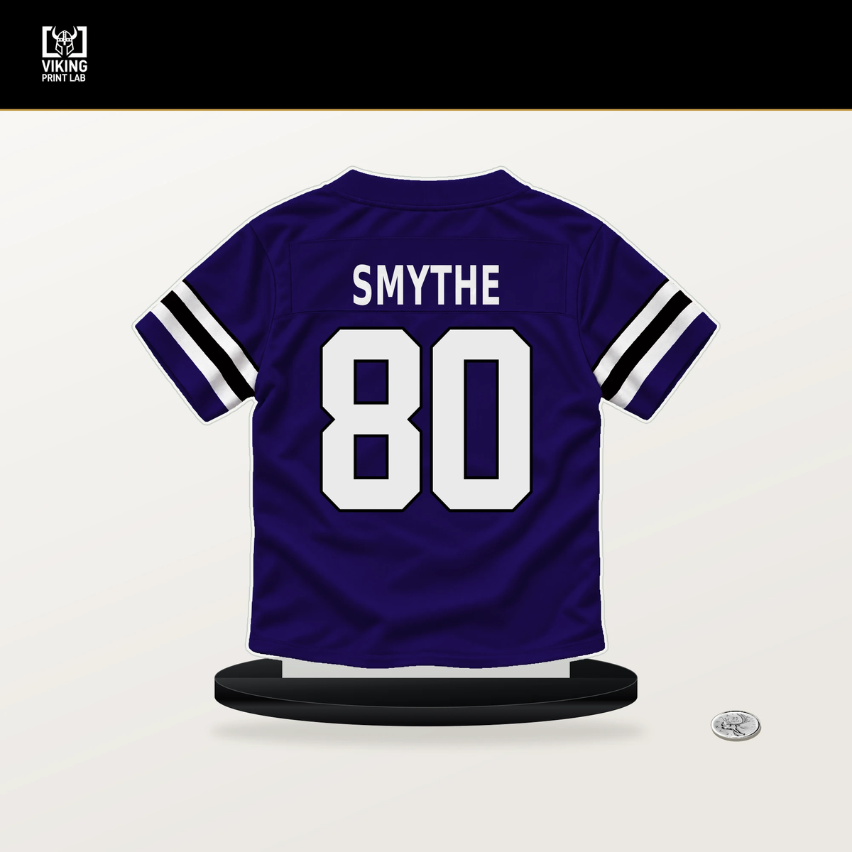 Durham Smythe number 80 Baltimore Ravens jersey stand with included black base.