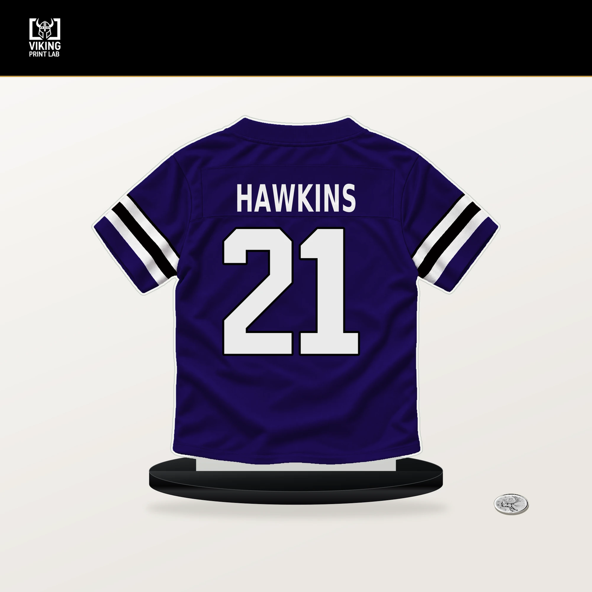 Jaylinn Hawkins number 21 Baltimore Ravens jersey stand with included black base.