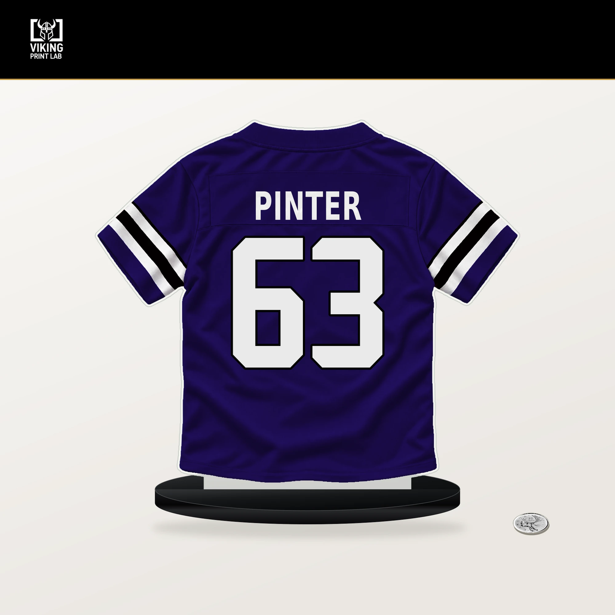 Danny Pinter number 63 Baltimore Ravens jersey stand with included black base.