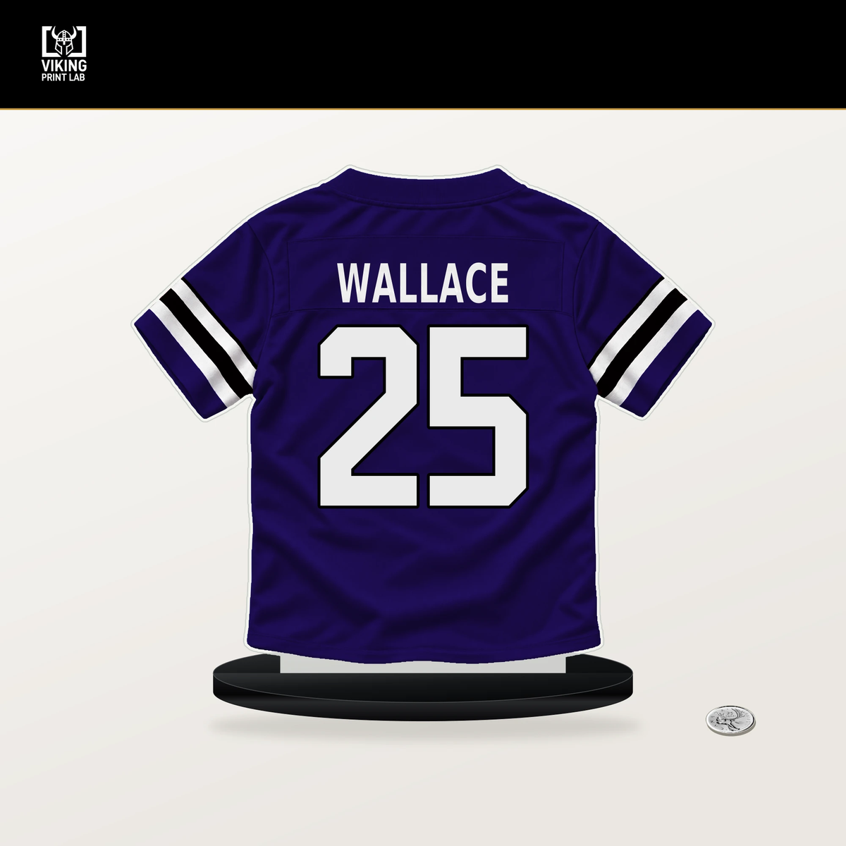 K'Von Wallace number 25 Baltimore Ravens jersey stand with included black base.