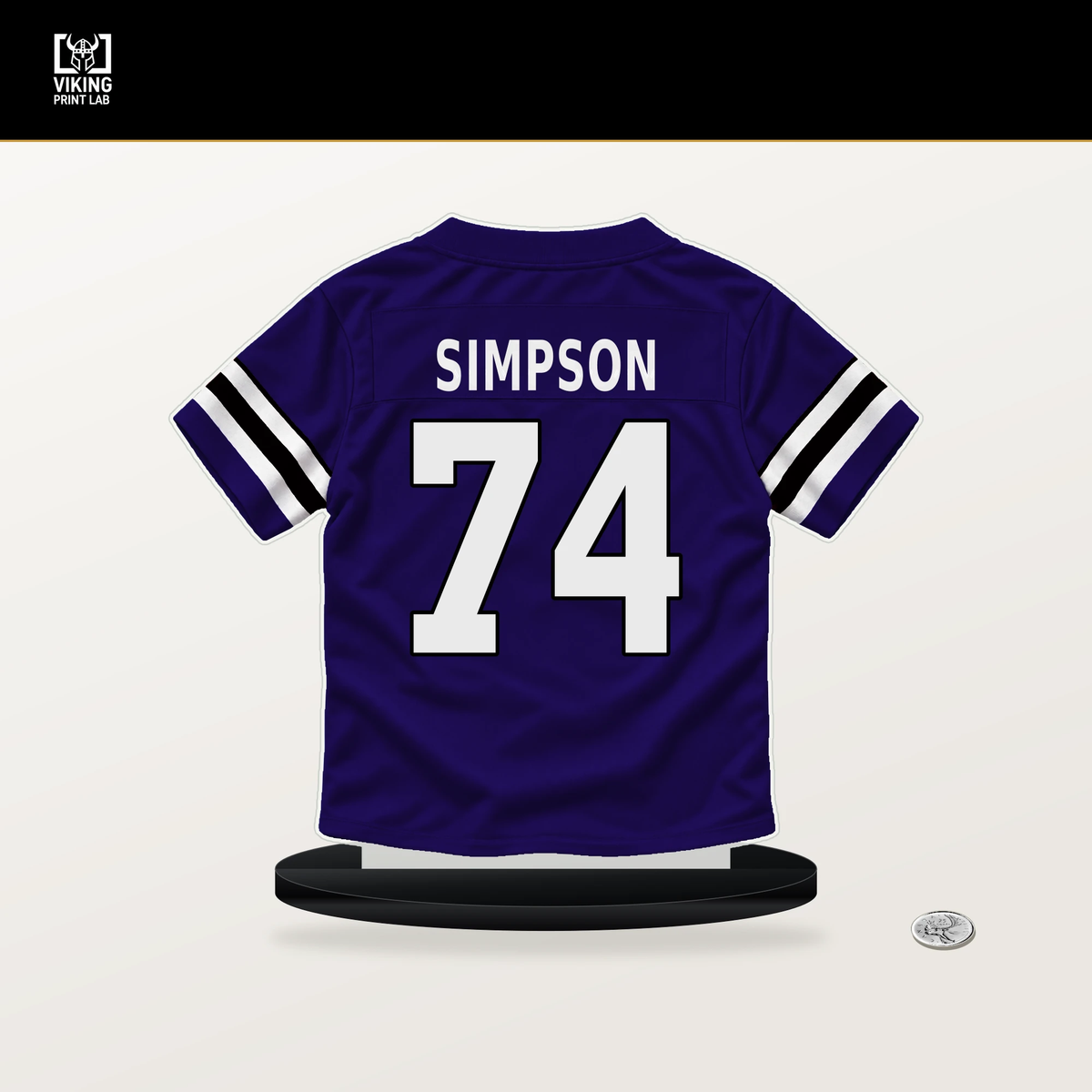 John Simpson number 74 Baltimore Ravens jersey stand with included black base.