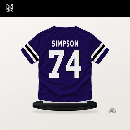John Simpson number 74 Baltimore Ravens jersey stand with included black base.