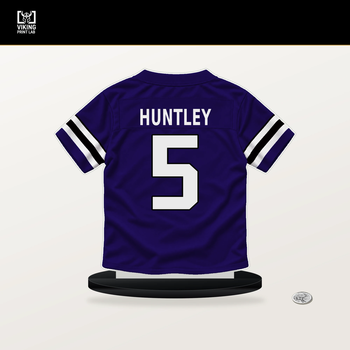 Tyler Huntley number 5 Baltimore Ravens jersey stand with included black base.