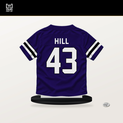 Justice Hill number 43 Baltimore Ravens jersey stand with included black base.