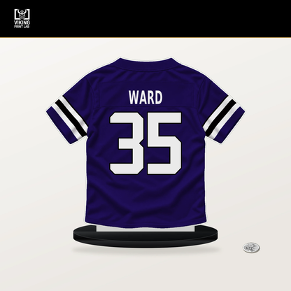 Jonathan Ward number 35 Baltimore Ravens jersey stand with included black base.