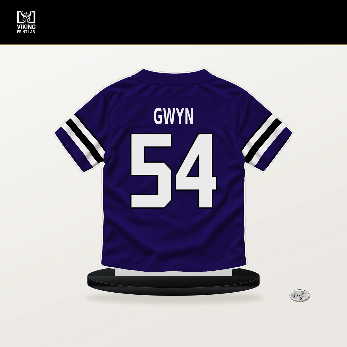 Jovaughn Gwyn number 54 Baltimore Ravens jersey stand with included black base.