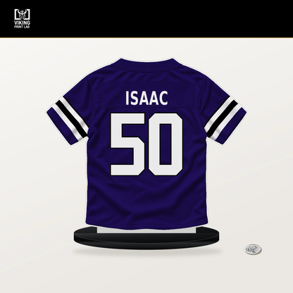 Adisa Isaac number 50 Baltimore Ravens jersey stand with included black base.