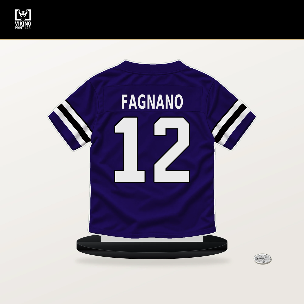 Joe Fagnano number 12 Baltimore Ravens jersey stand with included black base.