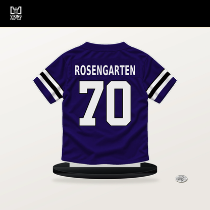 Roger Rosengarten number 70 Baltimore Ravens jersey stand with included black base.