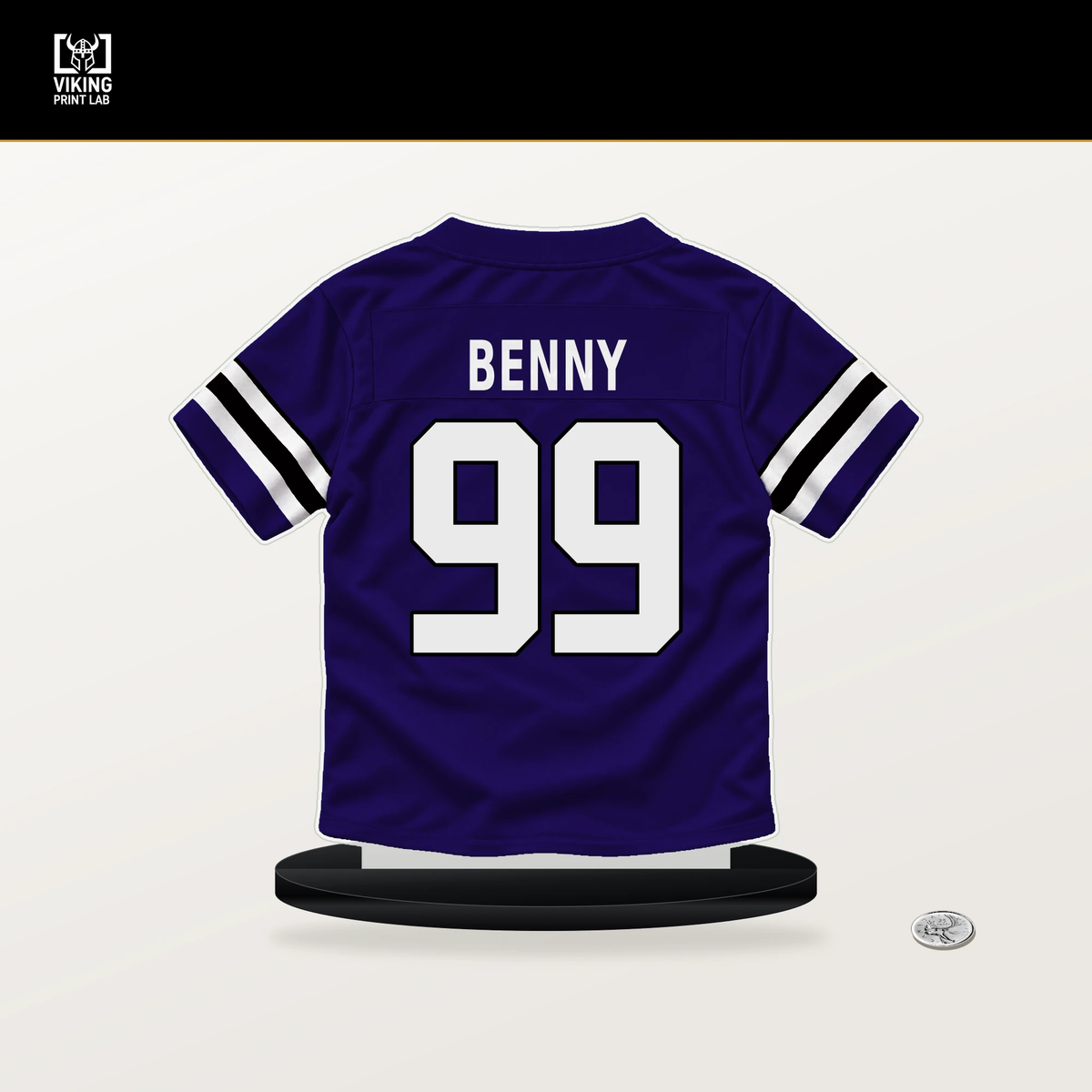 Rayshaun Benny number 99 Baltimore Ravens jersey stand with included black base.