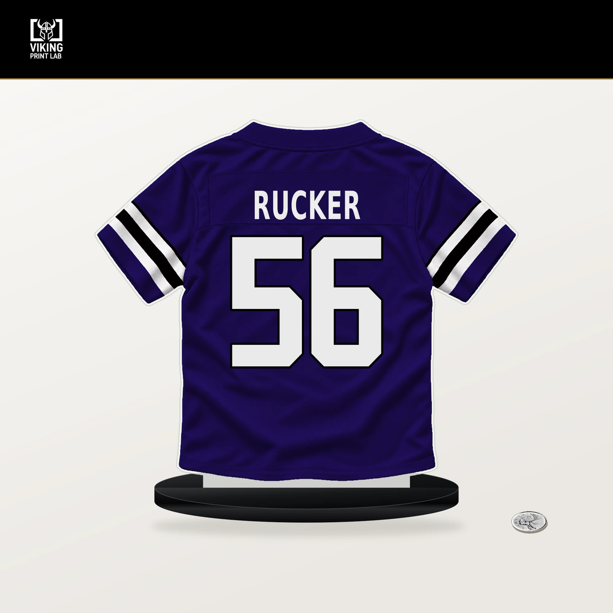 Kaimon Rucker number 56 Baltimore Ravens jersey stand with included black base.