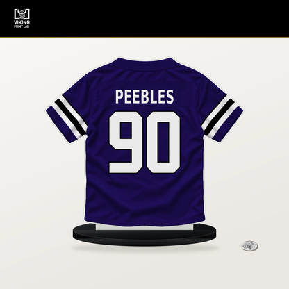 Aeneas Peebles number 90 Baltimore Ravens jersey stand with included black base.