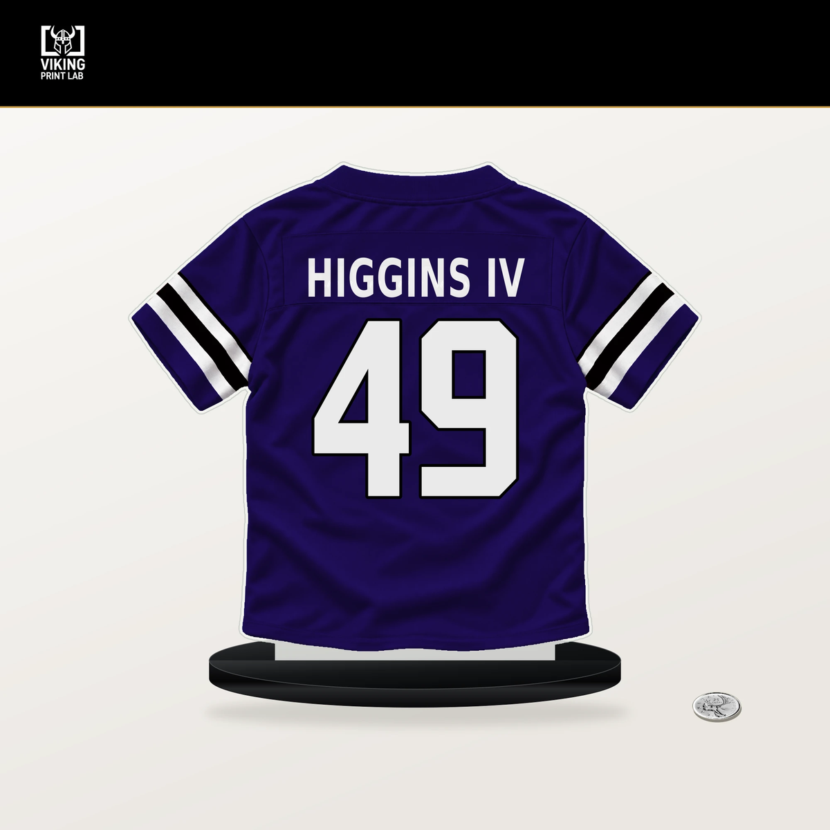 Jay Higgins IV number 49 Baltimore Ravens jersey stand with included black base.