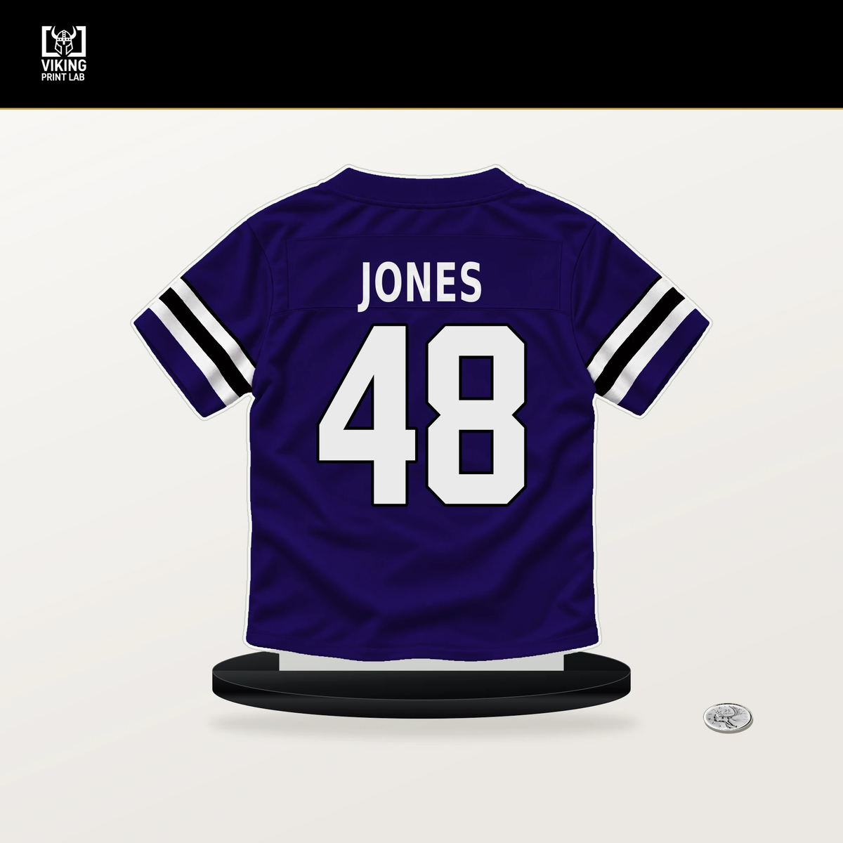 Carl Jones number 48 Baltimore Ravens jersey stand with included black base.