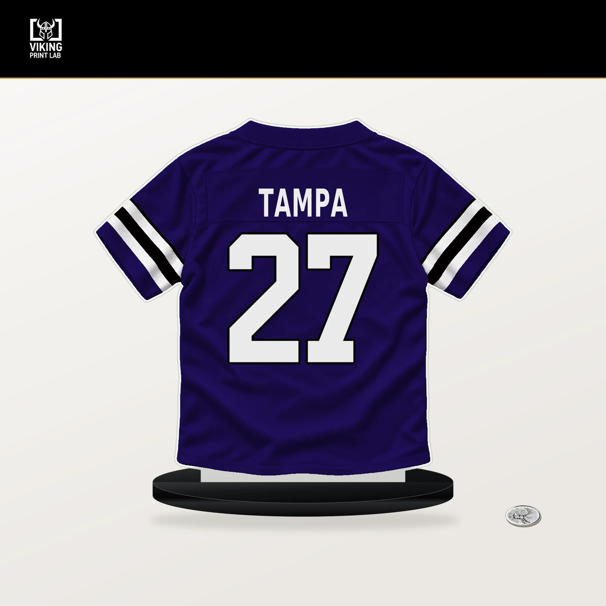 T.J. Tampa number 27 Baltimore Ravens jersey stand with included black base.