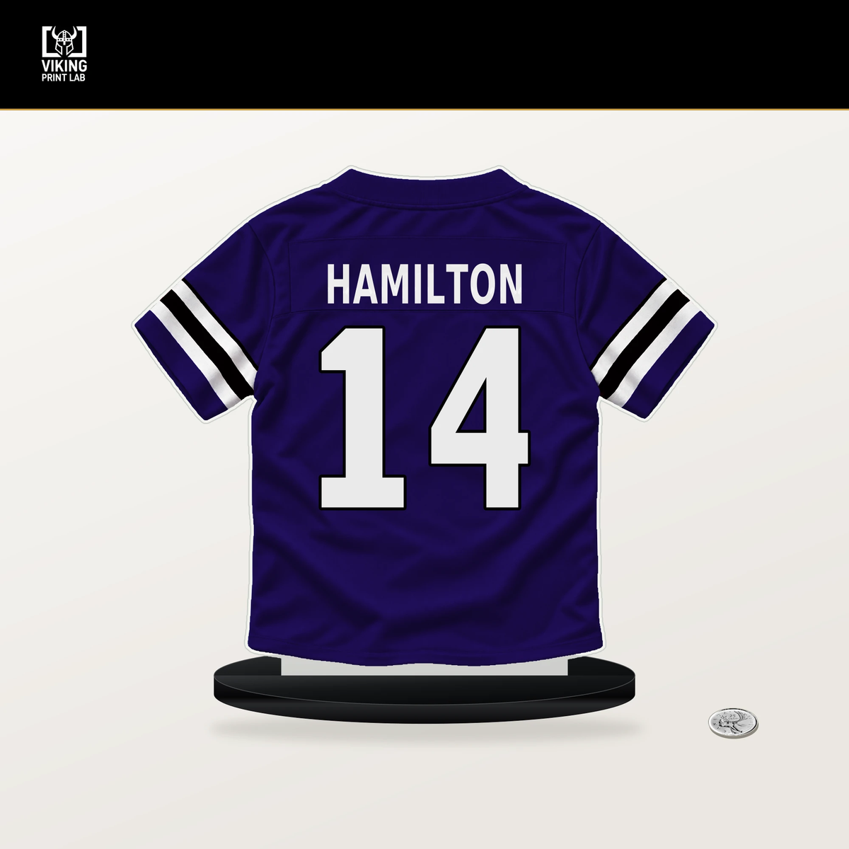 Kyle Hamilton number 14 Baltimore Ravens jersey stand with included black base.