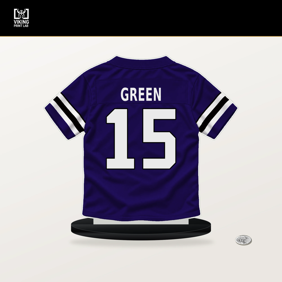 Mike Green number 15 Baltimore Ravens jersey stand with included black base.