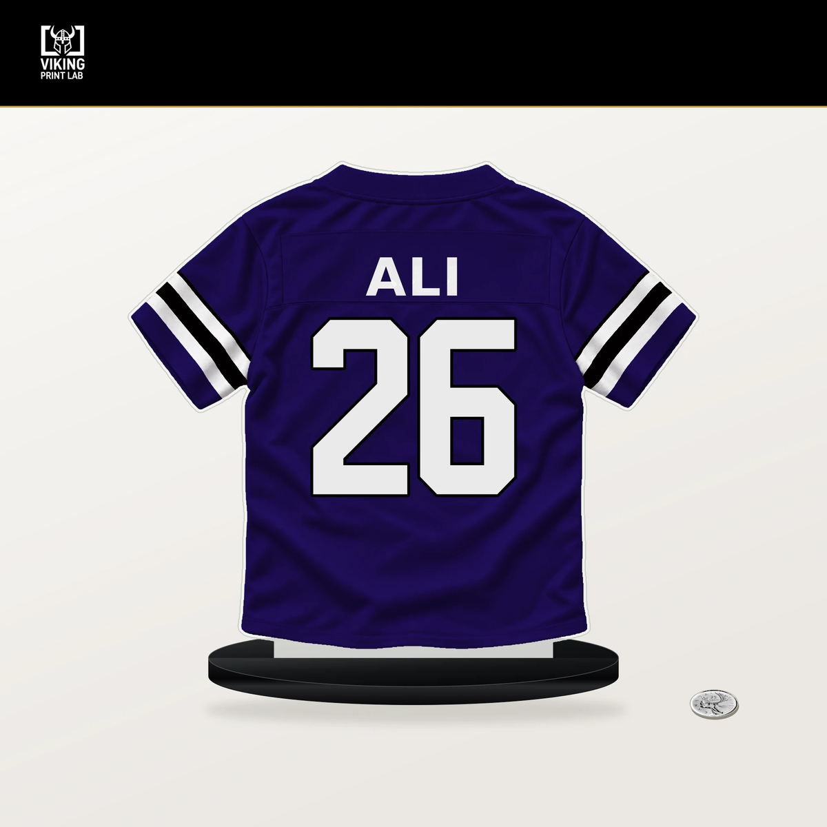 Rasheen Ali number 26 Baltimore Ravens jersey stand with included black base.