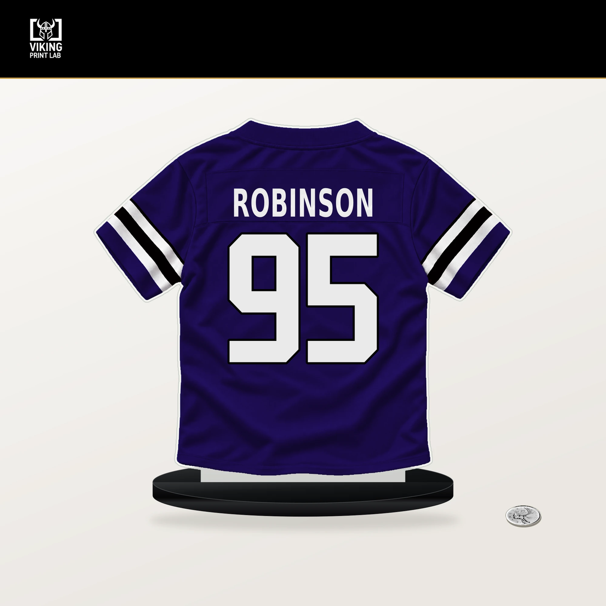 Tavius Robinson number 95 Baltimore Ravens jersey stand with included black base.
