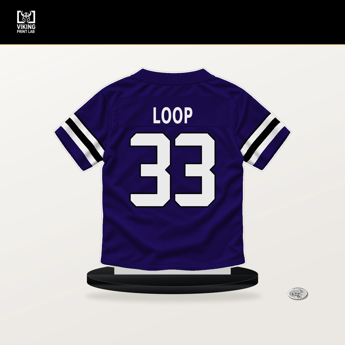 Tyler Loop number 33 Baltimore Ravens jersey stand with included black base.