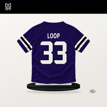 Tyler Loop number 33 Baltimore Ravens jersey stand with included black base.