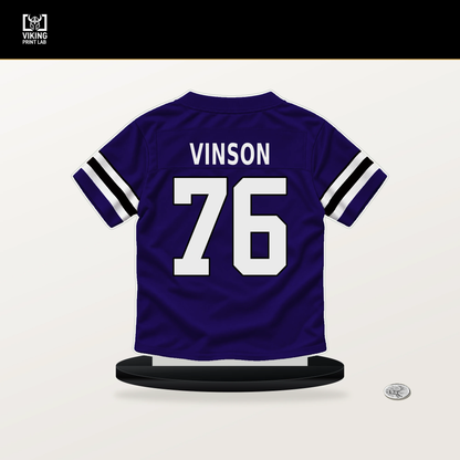 Carson Vinson number 76 Baltimore Ravens jersey stand with included black base.