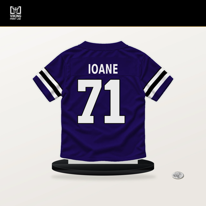 Olaivavega Ioane number 71 Baltimore Ravens jersey stand with included black base.