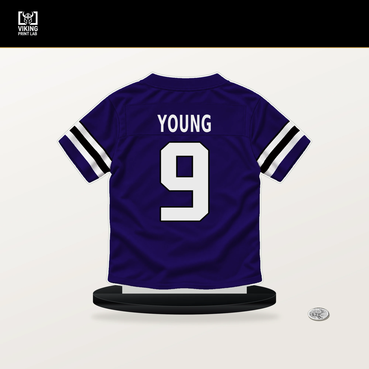 Zion Young number 9 Baltimore Ravens jersey stand with included black base.