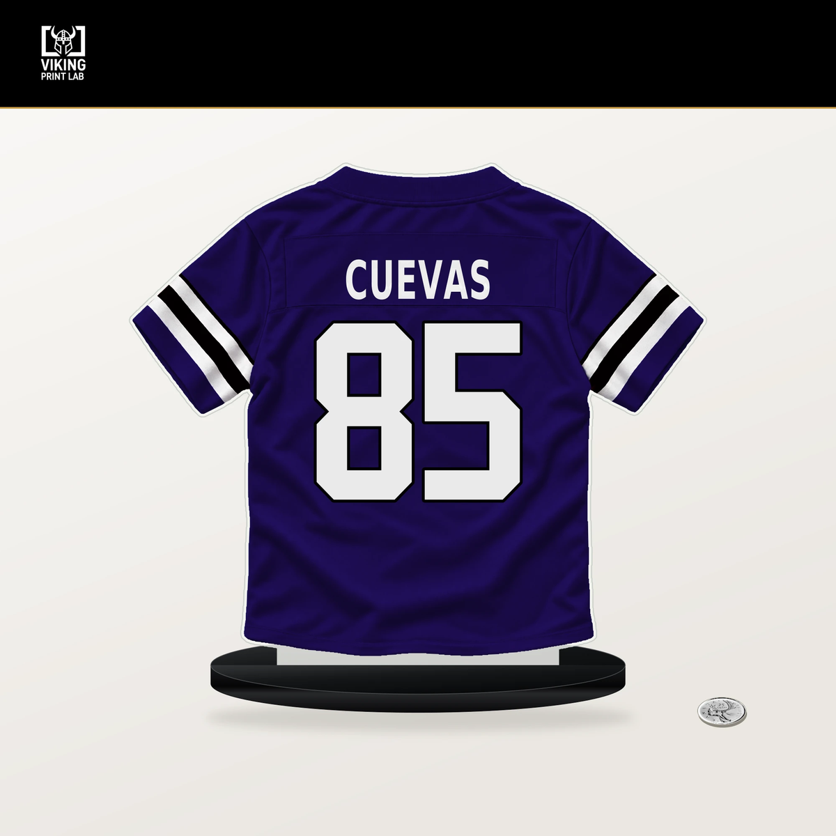 Josh Cuevas number 85 Baltimore Ravens jersey stand with included black base.