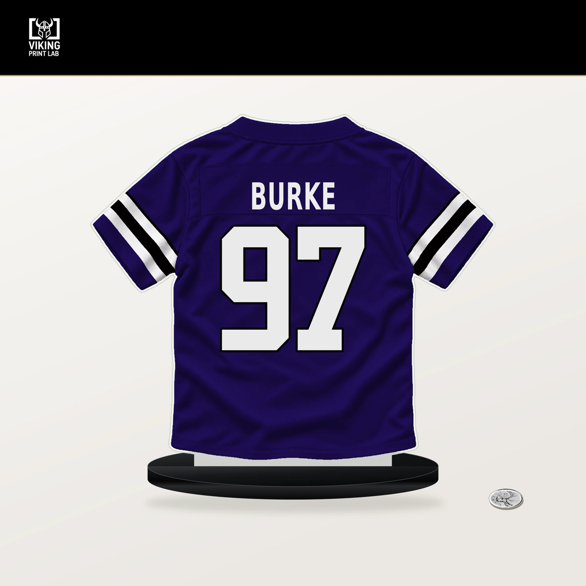 Ethan Burke number 97 Baltimore Ravens jersey stand with included black base.