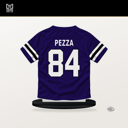 Ty Pezza number 84 Baltimore Ravens jersey stand with included black base.
